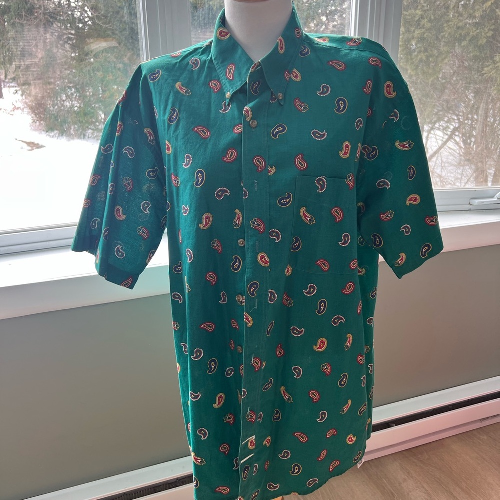 Vintage 90s Green Paisley Button Down - 100% Cotton - Men's Shirt - Size L - Picture 3 of 4